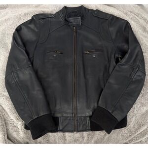 Superior New York Mens XL Blue Leather Bomber Cafe Racer Jacket Moto YKK Zip